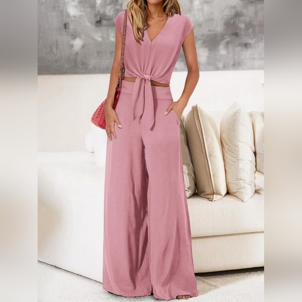 Elegant Pink Tie-Front Top And Wide Leg Pants Set Full Size & Plus Size - Picture 2 of 7